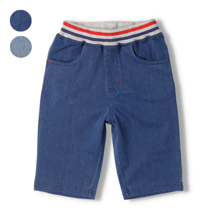 Waist ribbed denim knit 6/8 length shorts (blue, 120cm)