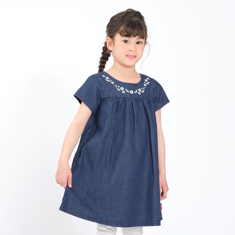 Denim dress with floral embroidery (blue, 100cm)