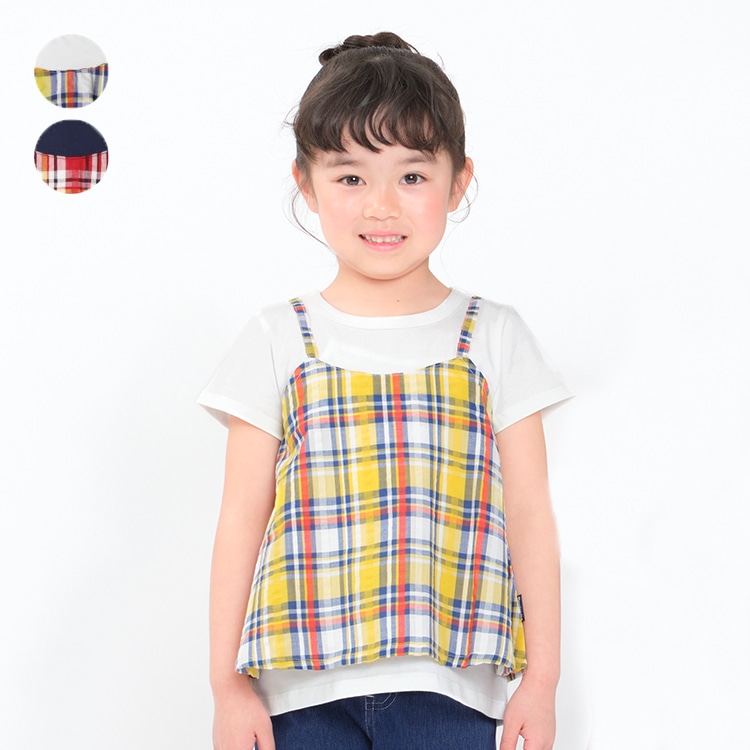 マドラスチェックレイヤード風半袖Tシャツ(黄チェック, 100cm)