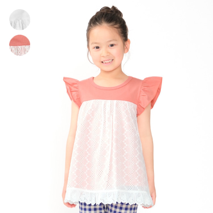 Lace-switched frilled sleeve tunic T-shirt