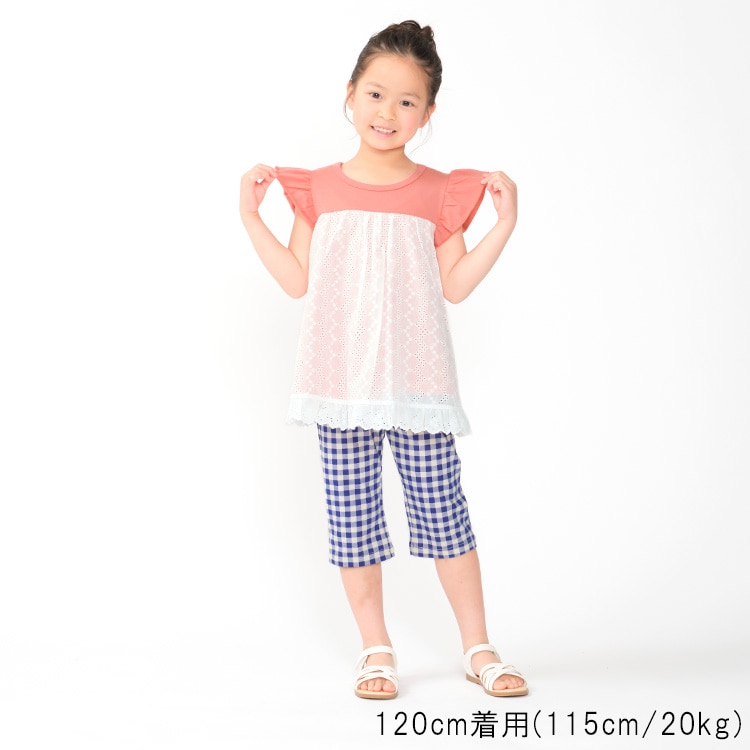 Lace-switched frilled sleeve tunic T-shirt