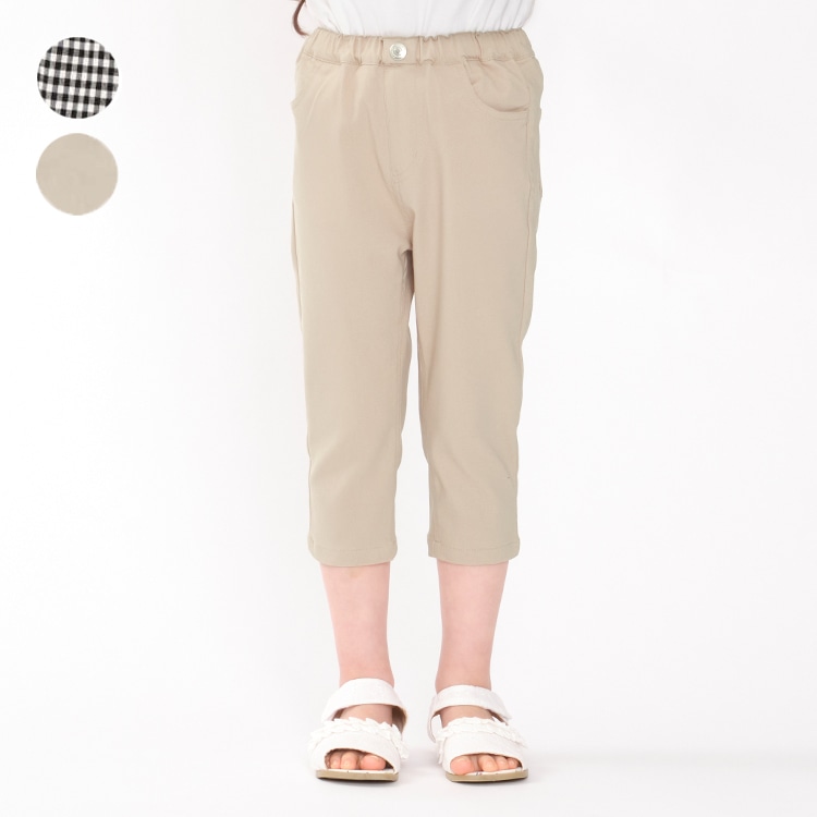 素色格紋彈性斜紋布3/4長褲（米色，140cm）