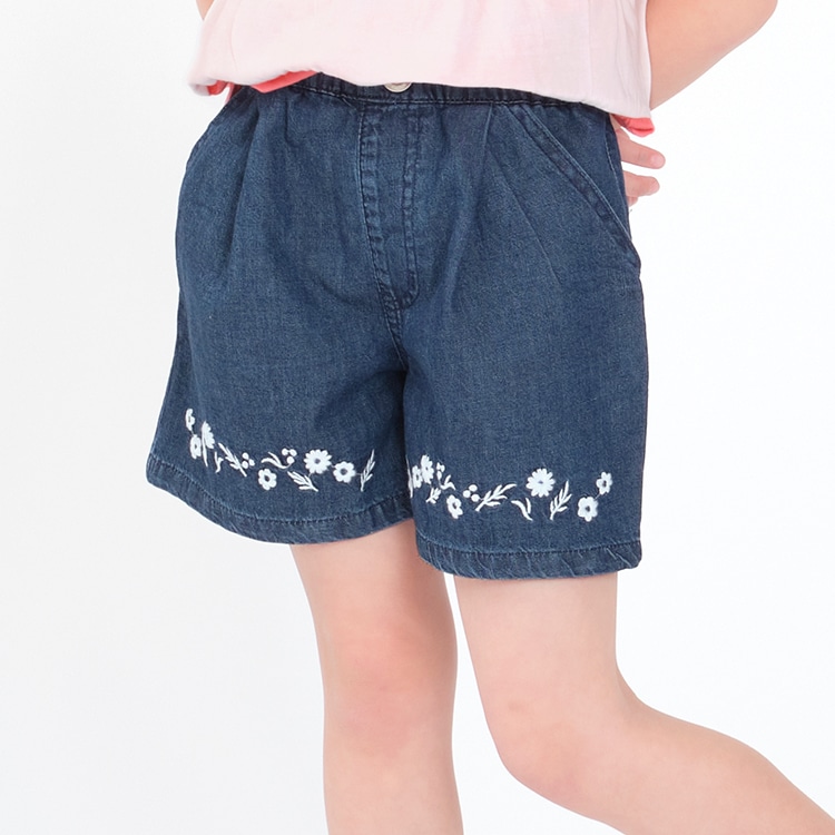 Flower embroidered denim 3/4 length pants (blue, 140cm)