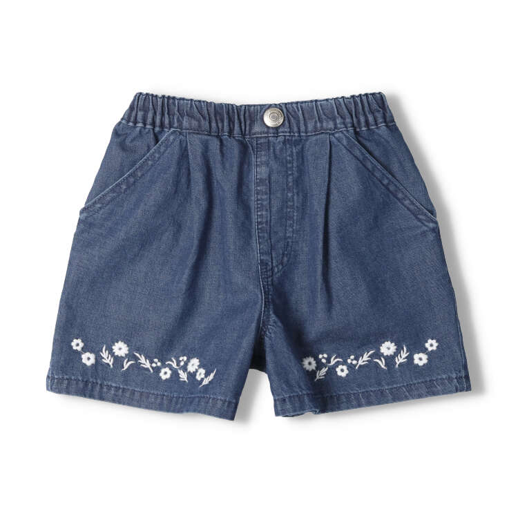 Denim three-quarter length pants with flower embroidery