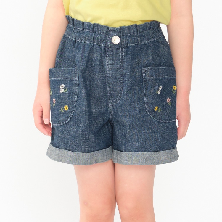 花朵刺绣牛仔短裤（蓝色，140cm）