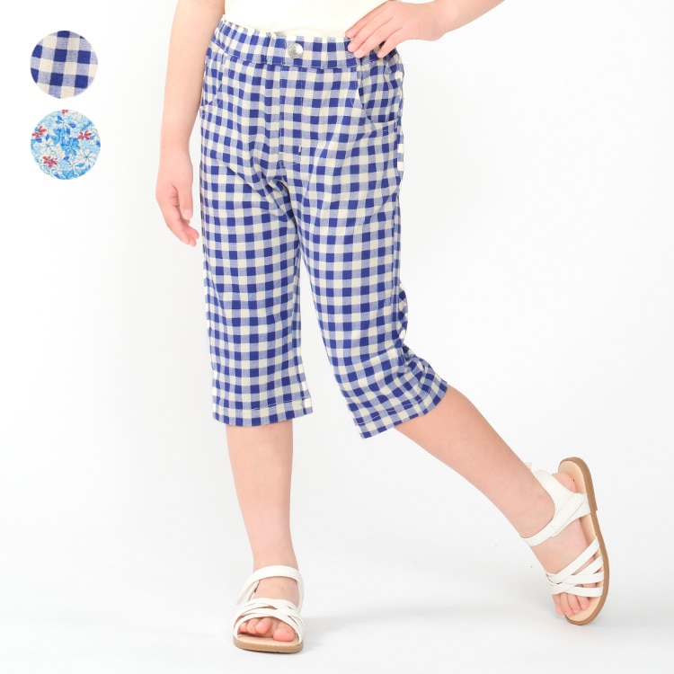 Checked/Floral Print 6/8 Length Shorts (Checked, 130cm)