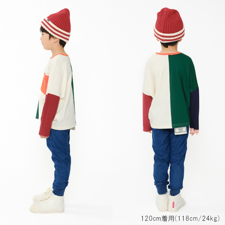 Color-switched wide long-sleeved T-shirts