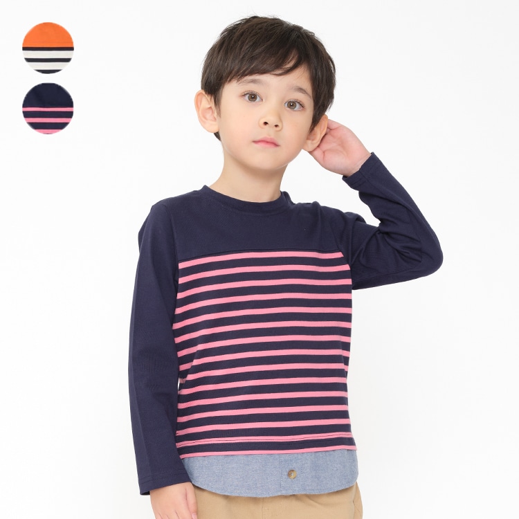 Layered long-sleeved T-shirt with striped pattern (navy, 90cm)