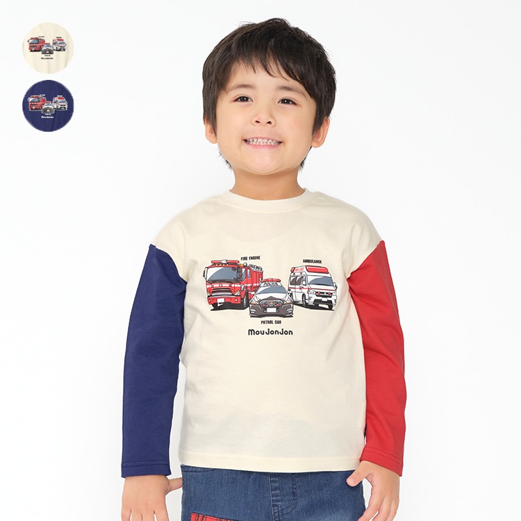 Working Car Sleeve Switching Long Sleeve T-Shirt (Navy, 120cm)