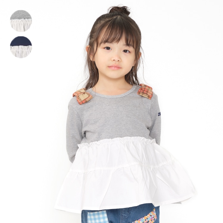 Tiered long-sleeved T-shirt with shoulder ribbon (navy, 140cm)