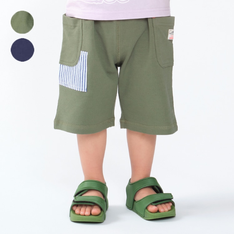 6/4 length cut-and-sew shorts with fabric patch
