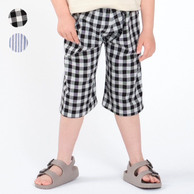 Gingham check striped pattern 6/4 length pants (black, 130cm)