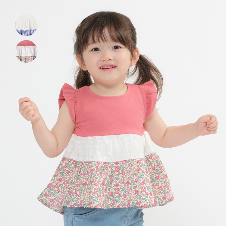 Stripe Small Flower Pattern Switching Tiered T-shirt 