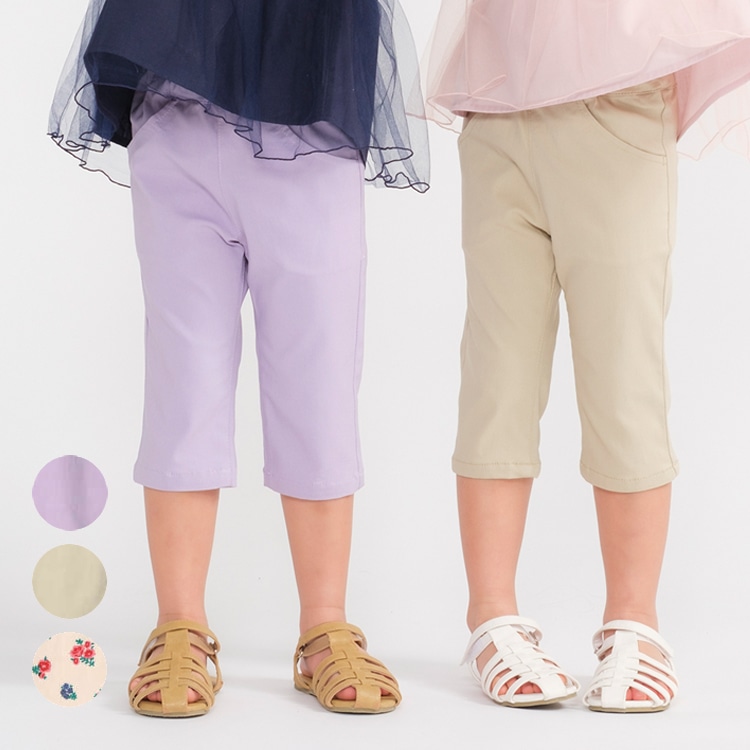 素色/小花卉图案弹力斜纹短裤（素色米色，110cm）