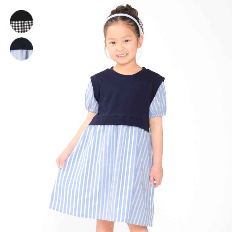 Check and stripe pattern layered short sleeve dress (check, 130cm)