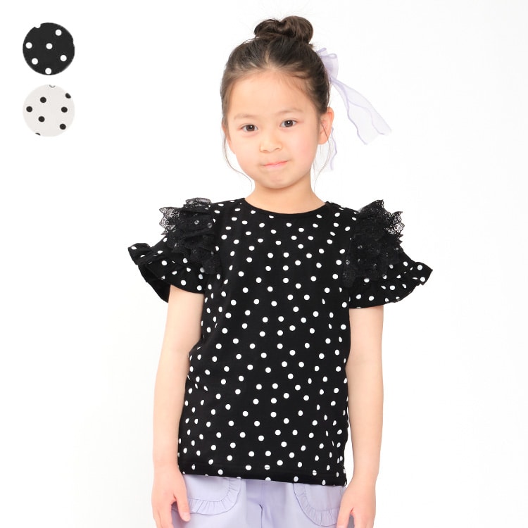 Polka dot pattern shoulder frill short sleeve T-shirt (black, 100cm)