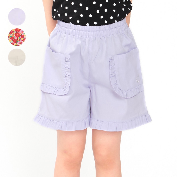 Floral print and plain frilled 3/4 length shorts (lavender, 120cm)