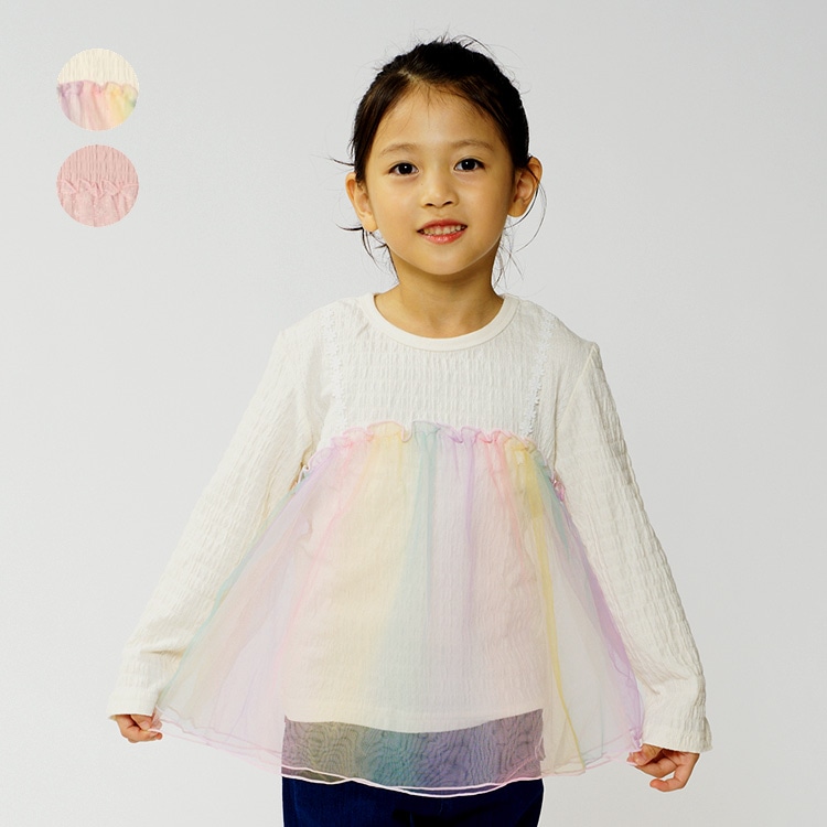 Tulle switching long-sleeved T-shirt