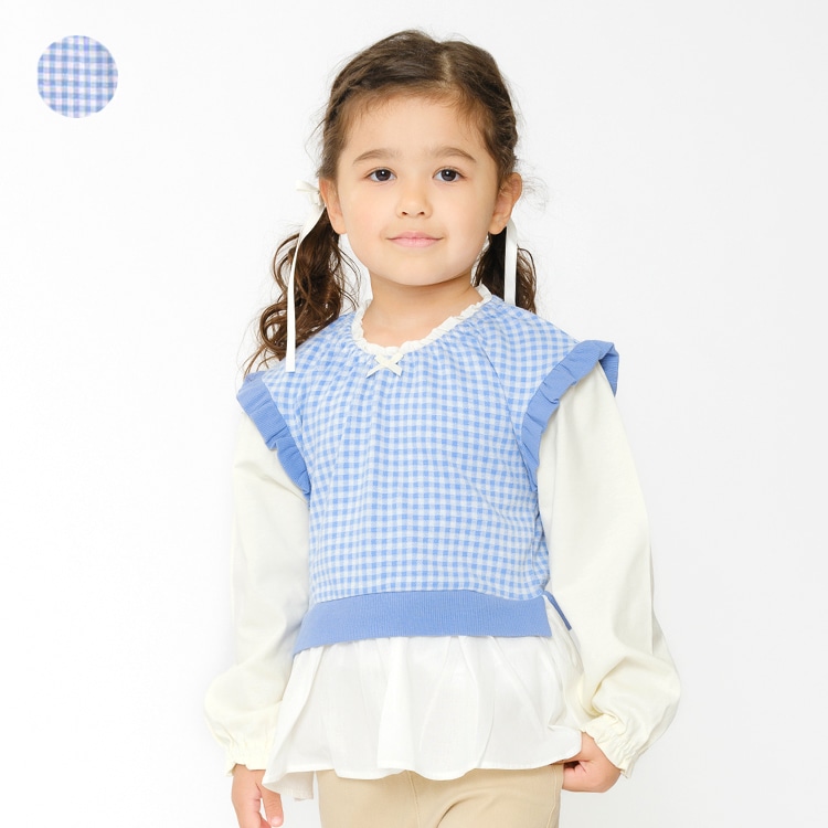 Gingham check vest layered style long sleeve T-shirt