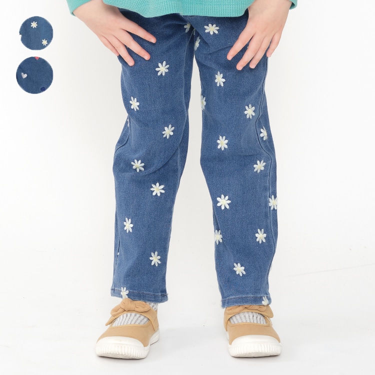 Flower and heart pattern embroidered stretch denim pants