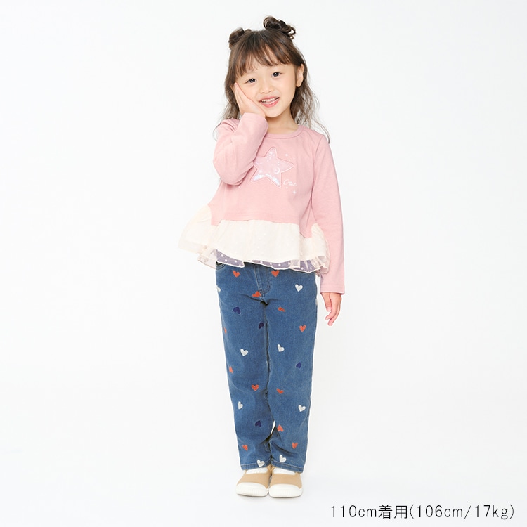 Flower and heart pattern embroidered stretch denim pants