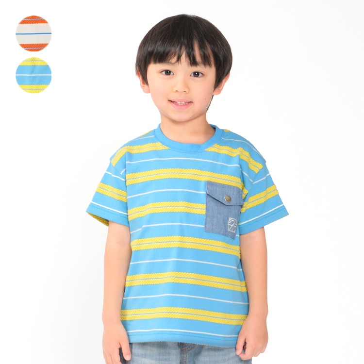 立体ボーダーポケット付半袖Tシャツ(オレンジ, 120cm)
