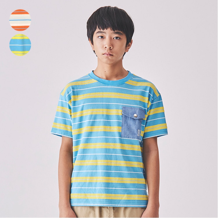 3D border short sleeve T-shirt with pocket (140cm-160cm) (Orange, 160cm)