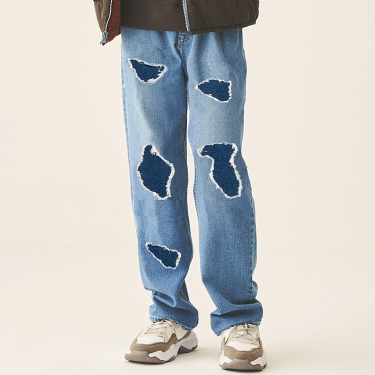 仿舊牛仔直筒褲（150cm-160cm）（藍色，150cm）