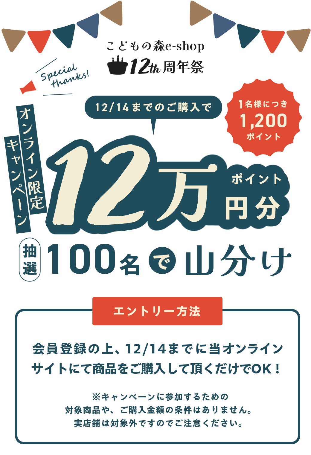 12周年祭開催中！12万円分ポイントを抽選100名様で山分けキャンペーン！｜こどもの森e-shop